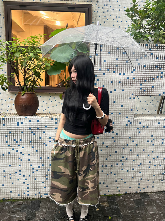 InsGale 26SS 迷彩水洗破壞七分棉褲