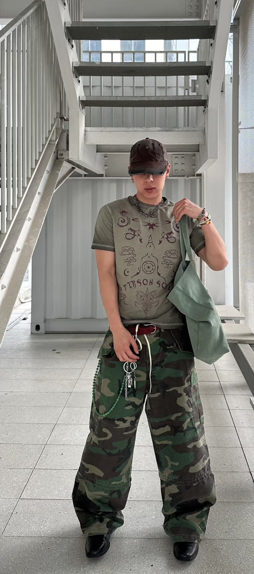 InsGale 24SS 可拆卸深綠軍事迷彩工裝褲雙拼七分褲