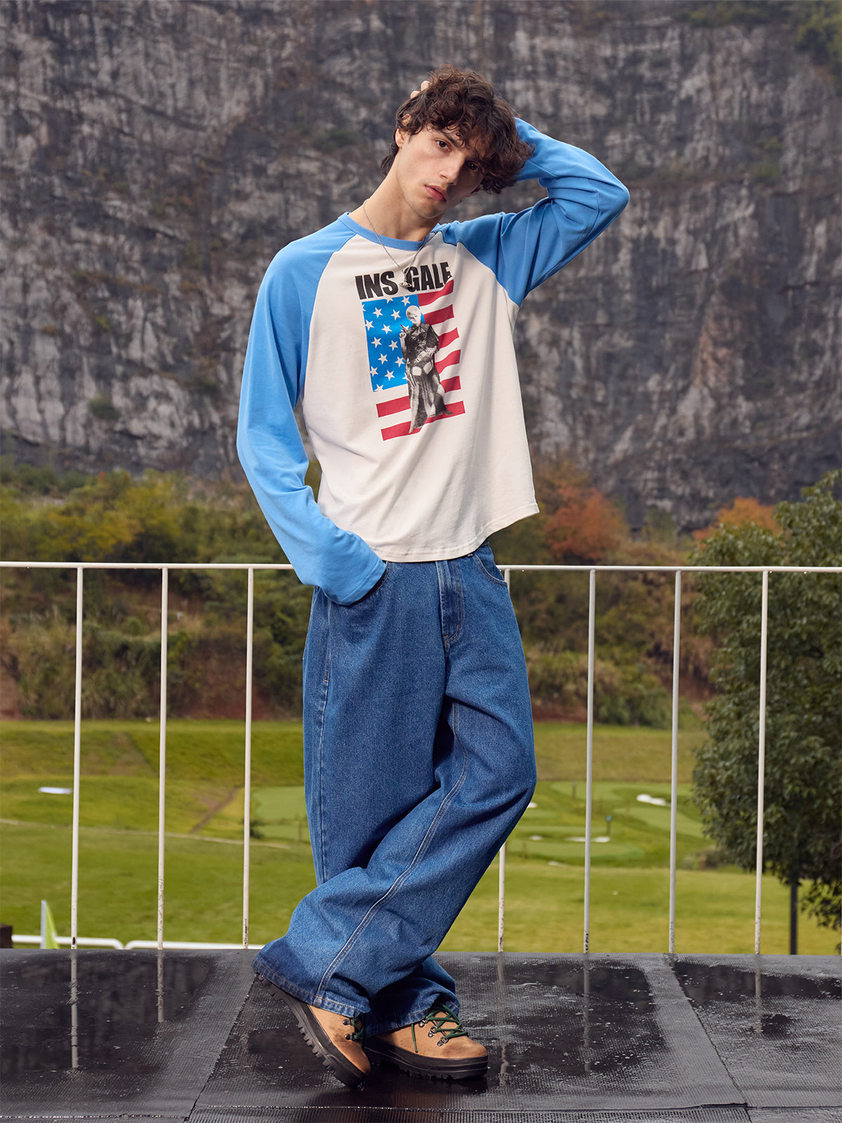 InsGale 25AW 藍白美國國旗人物插肩長T