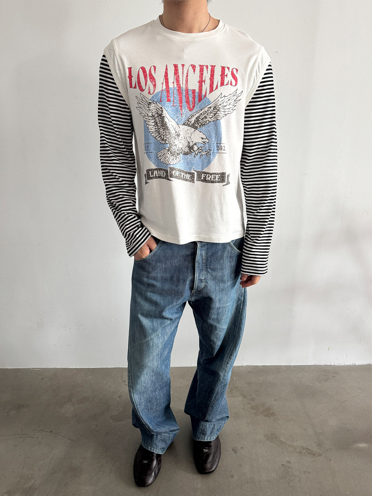 InsGale 26SS 復古條紋拼接長Tee