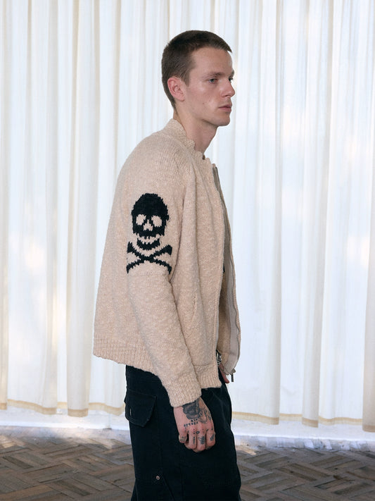 InsGale 25AW Skull Chunky Knit Wool Zip-Up Sweater