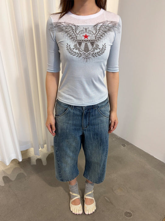 InsGale 26SS 復古飛鷹印花修身五分袖T