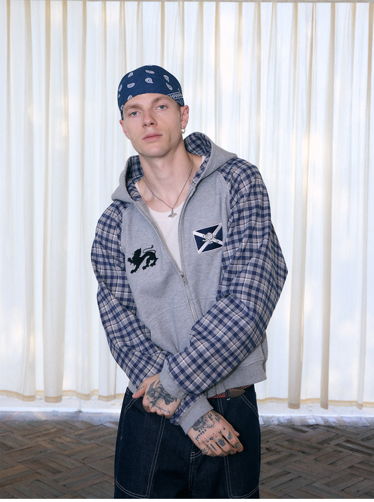 InsGale 25AW 撞色格紋華夫格刺繡連帽外套