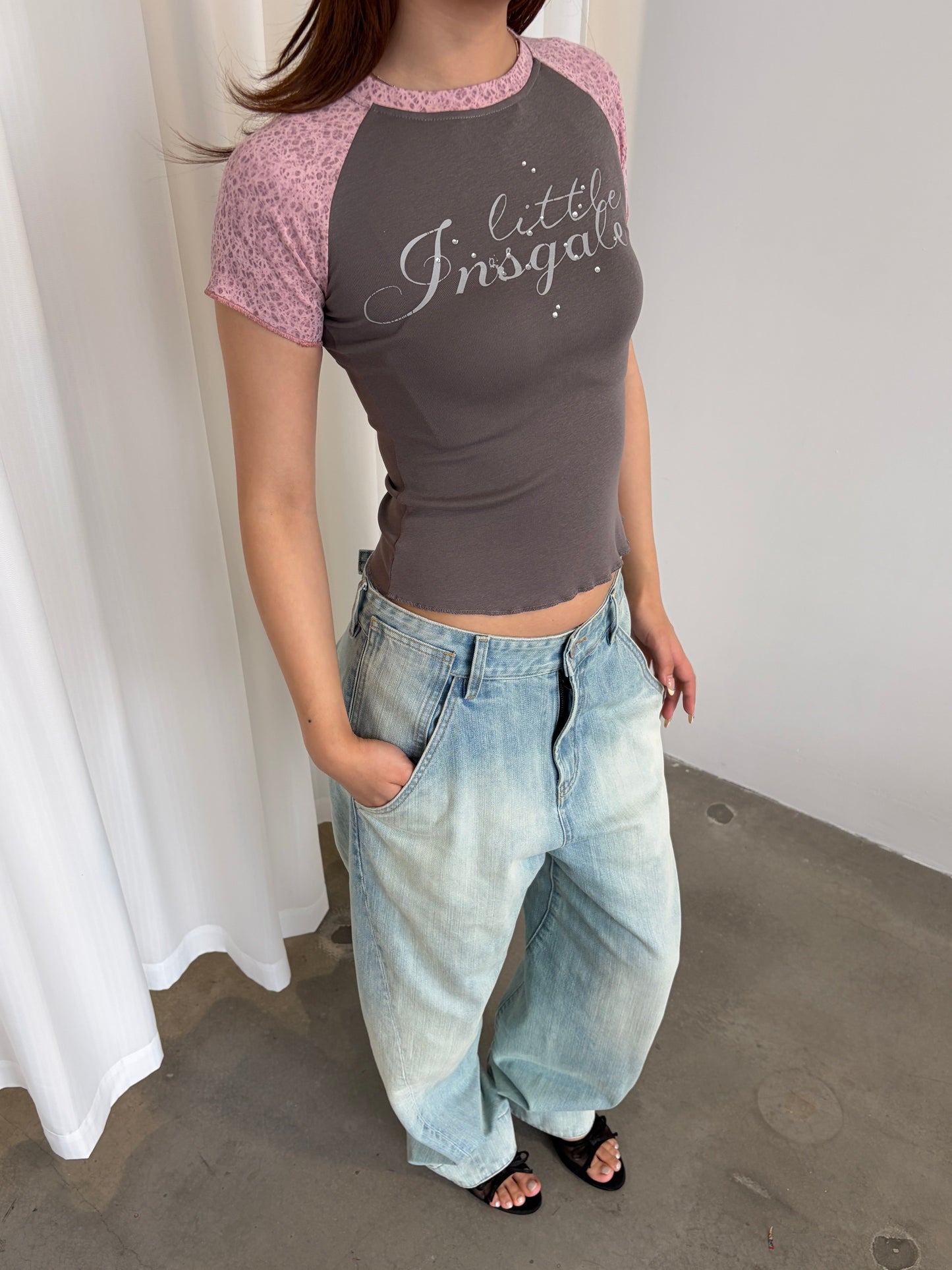 InsGale 26SS 粉色豹紋緊身燙鑽短T