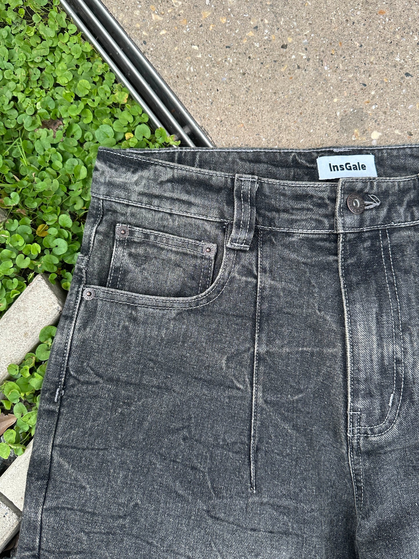 InsGale 24SS 水波紋黑色水洗闊腿Baggy牛仔褲