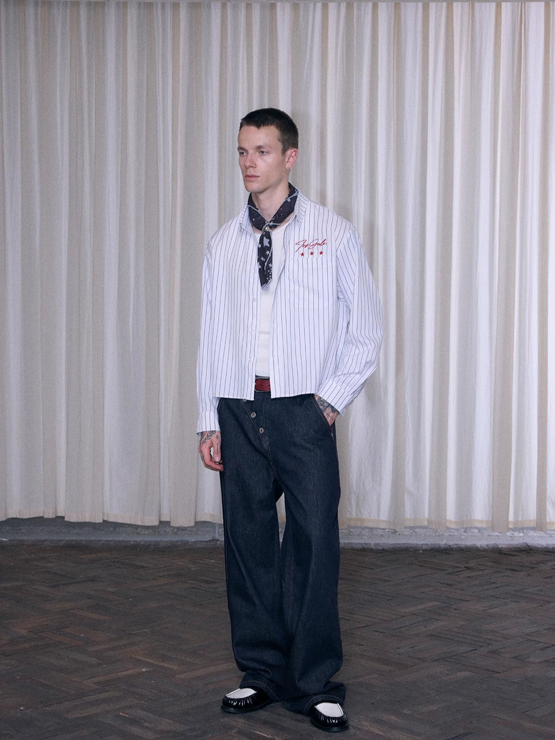 InsGale 25AW 黑白條紋刺繡翻領襯衫