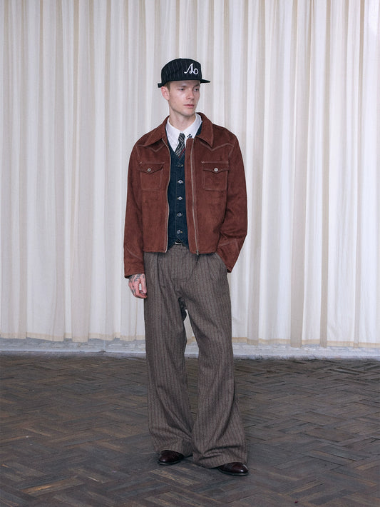 InsGale 25AW Reddish Brown Stiff Short Wide Boxy Suede Jacket