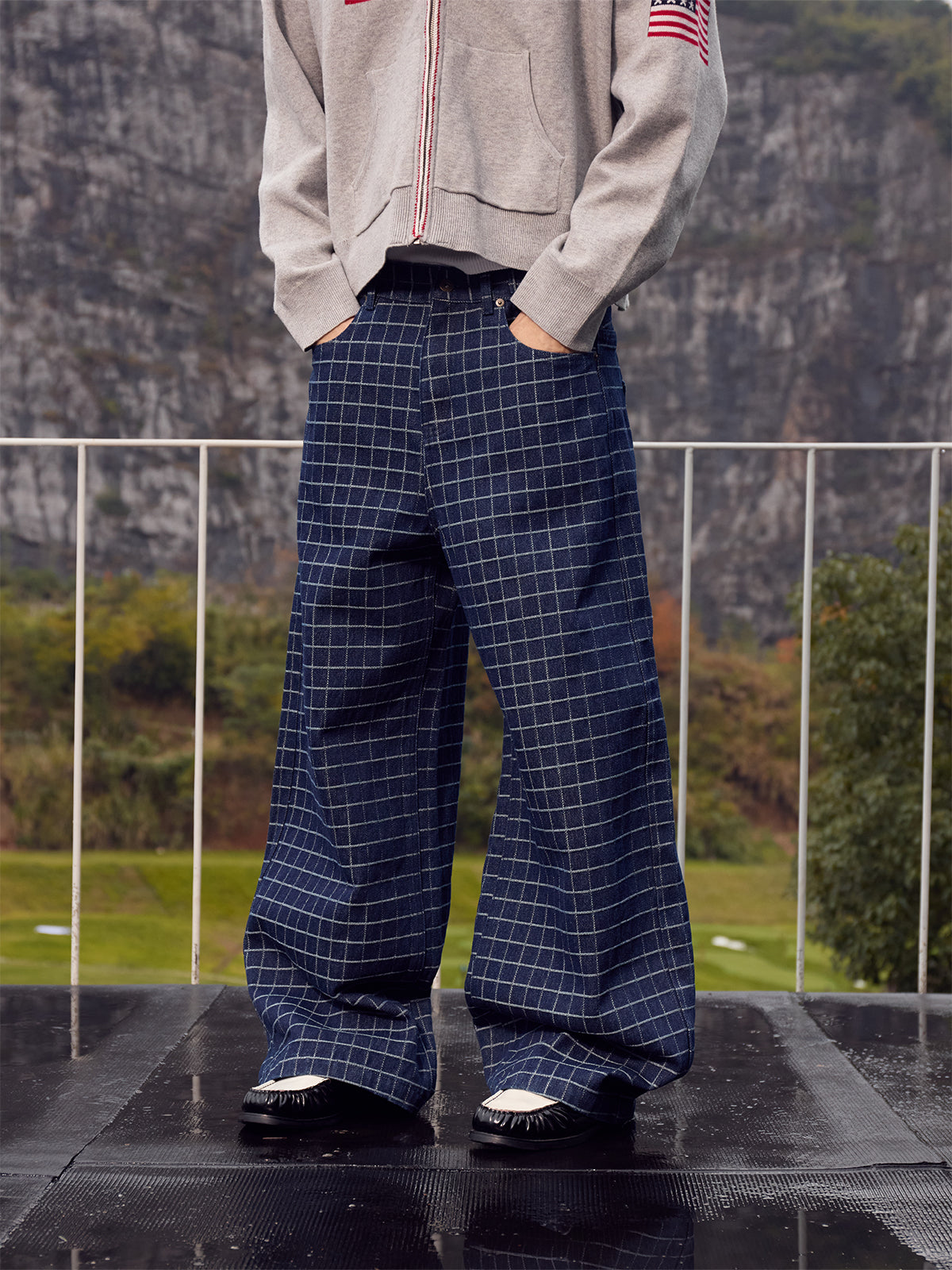 InsGale 25AW 格紋復古刺繡直筒牛仔褲