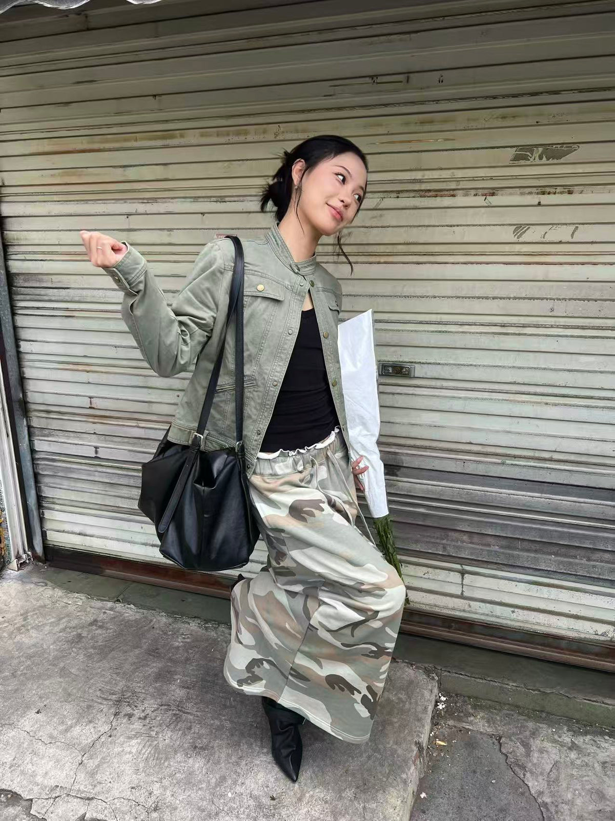 InsGale 26AW Camouflage Drawstring Knit Straight-Cut Midi Skirt