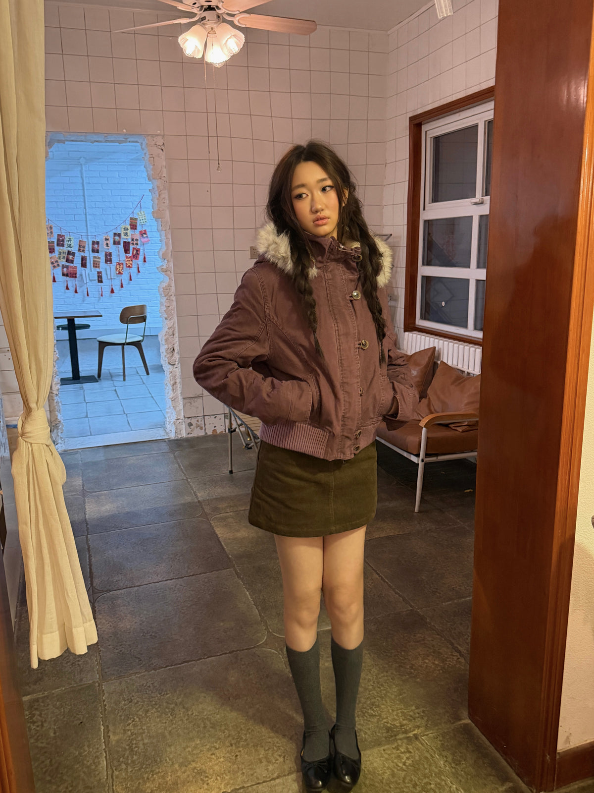 InsGale 26AW 漿果色做舊毛領派克外套