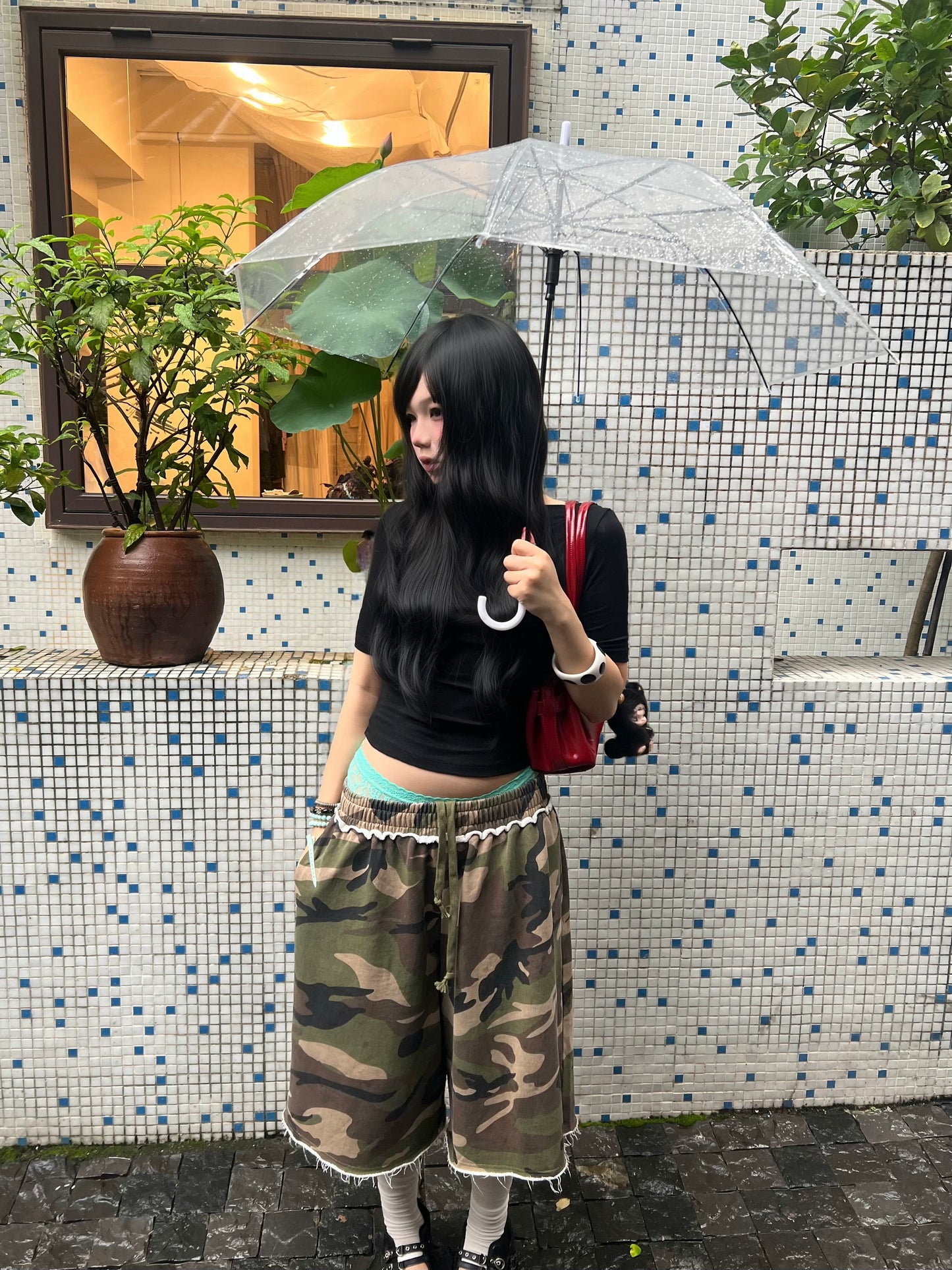 InsGale 26SS 迷彩水洗破壞七分棉褲