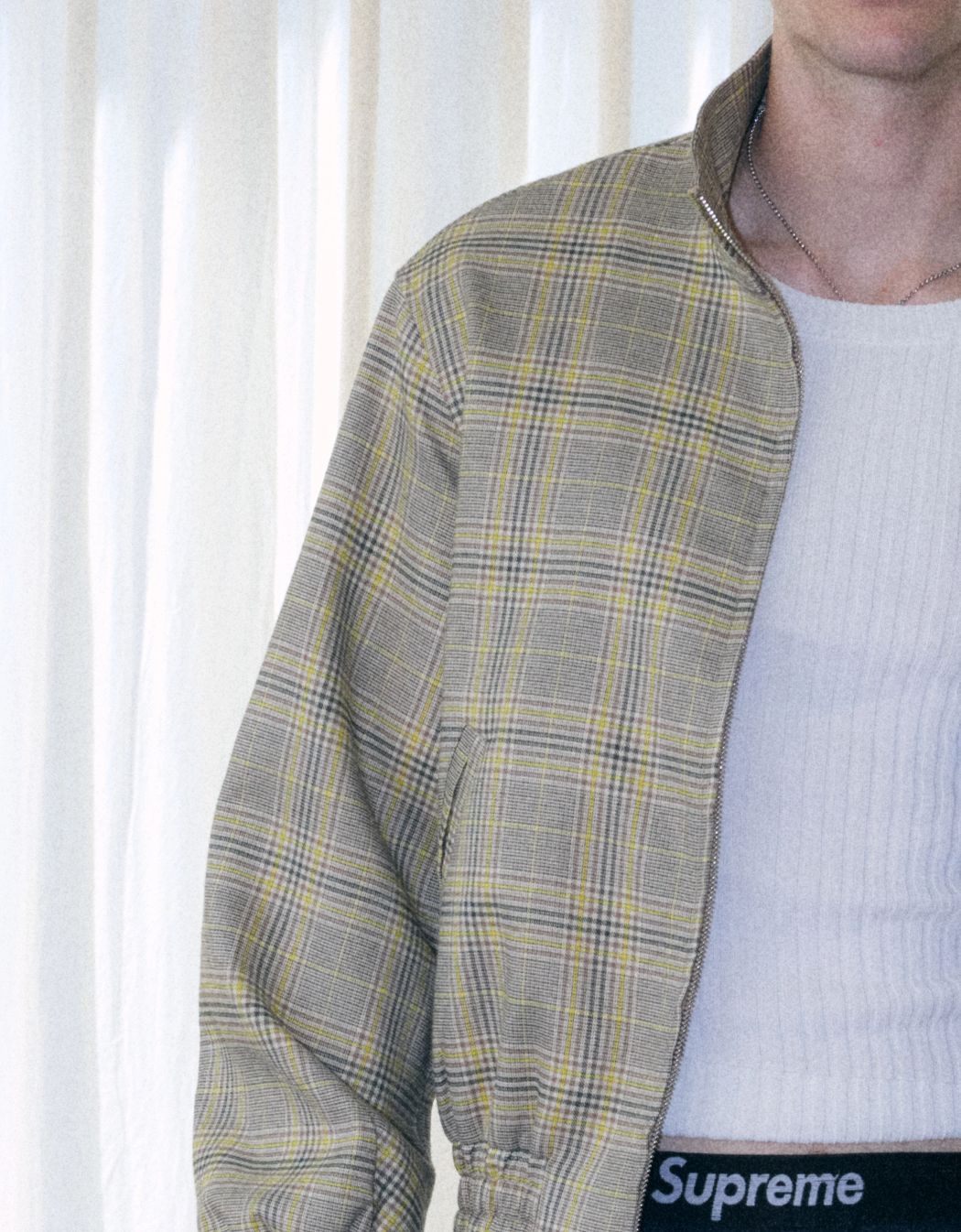 InsGale 25AW 亮黃色千鳥格短款拉鍊立領夾克