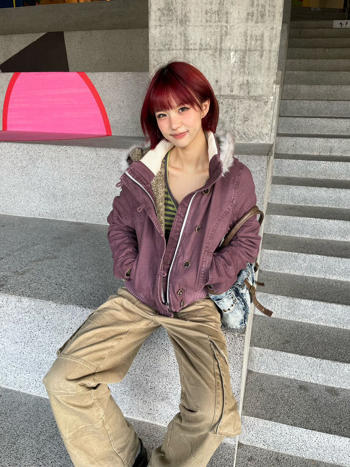 InsGale 26AW 漿果色做舊毛領派克外套