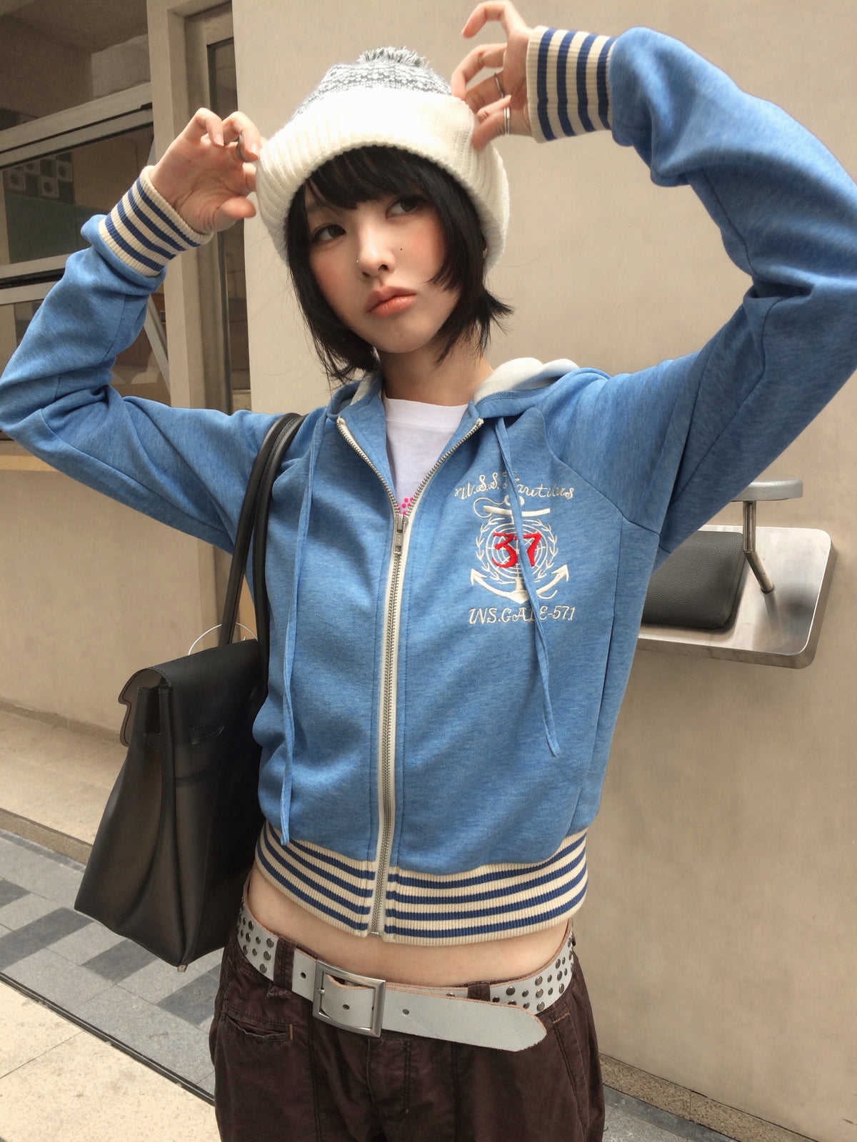 InsGale 26AW 藍色船錨刺繡連帽外套