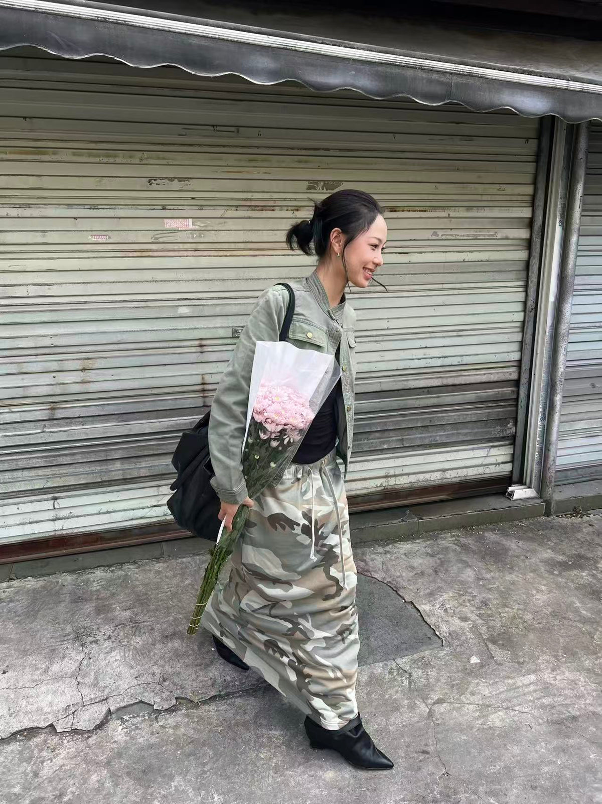 InsGale 26AW Camouflage Drawstring Knit Straight-Cut Midi Skirt