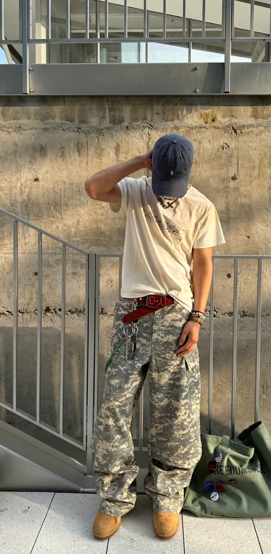 InsGale 可拆卸數位軍事迷彩工裝褲雙拼七分褲