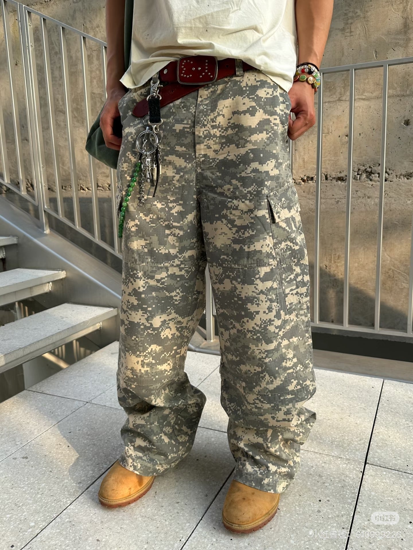 InsGale 可拆卸數位軍事迷彩工裝褲雙拼七分褲