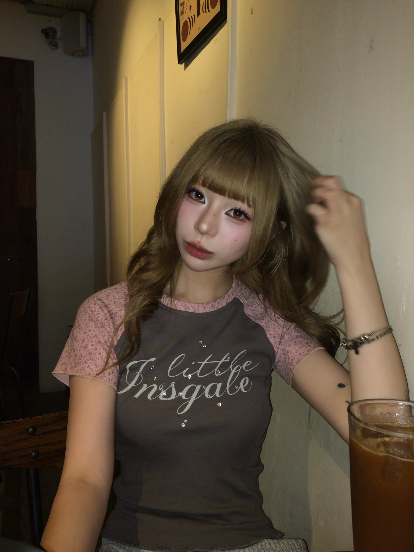 InsGale 26SS 粉色豹紋緊身燙鑽短T