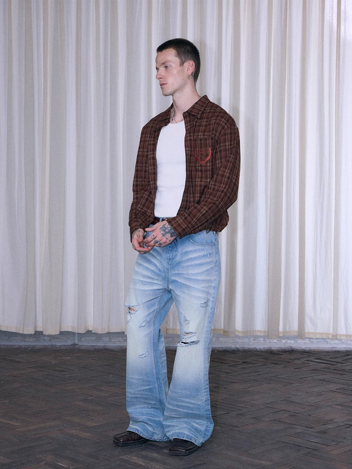 InsGale 25AW 棕色格紋寬鬆流蘇短寬長袖襯衫