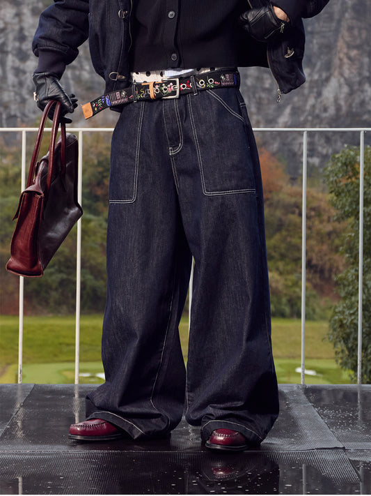 InsGale 25SS 黑藍硬挺經典原牛原色寬鬆BAGGY牛仔褲