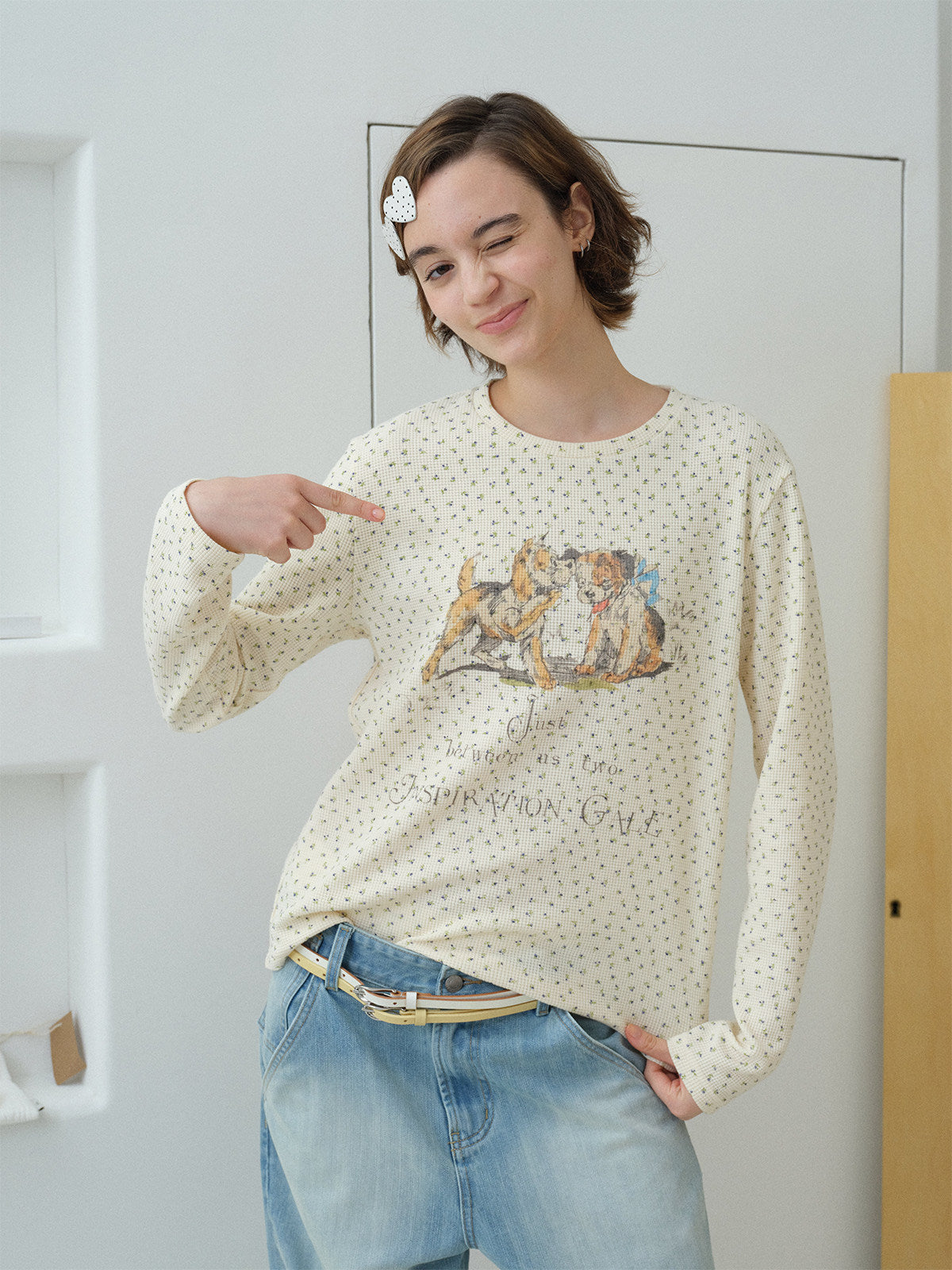 InsGale 26SS 華夫格碎花小狗長袖Tee