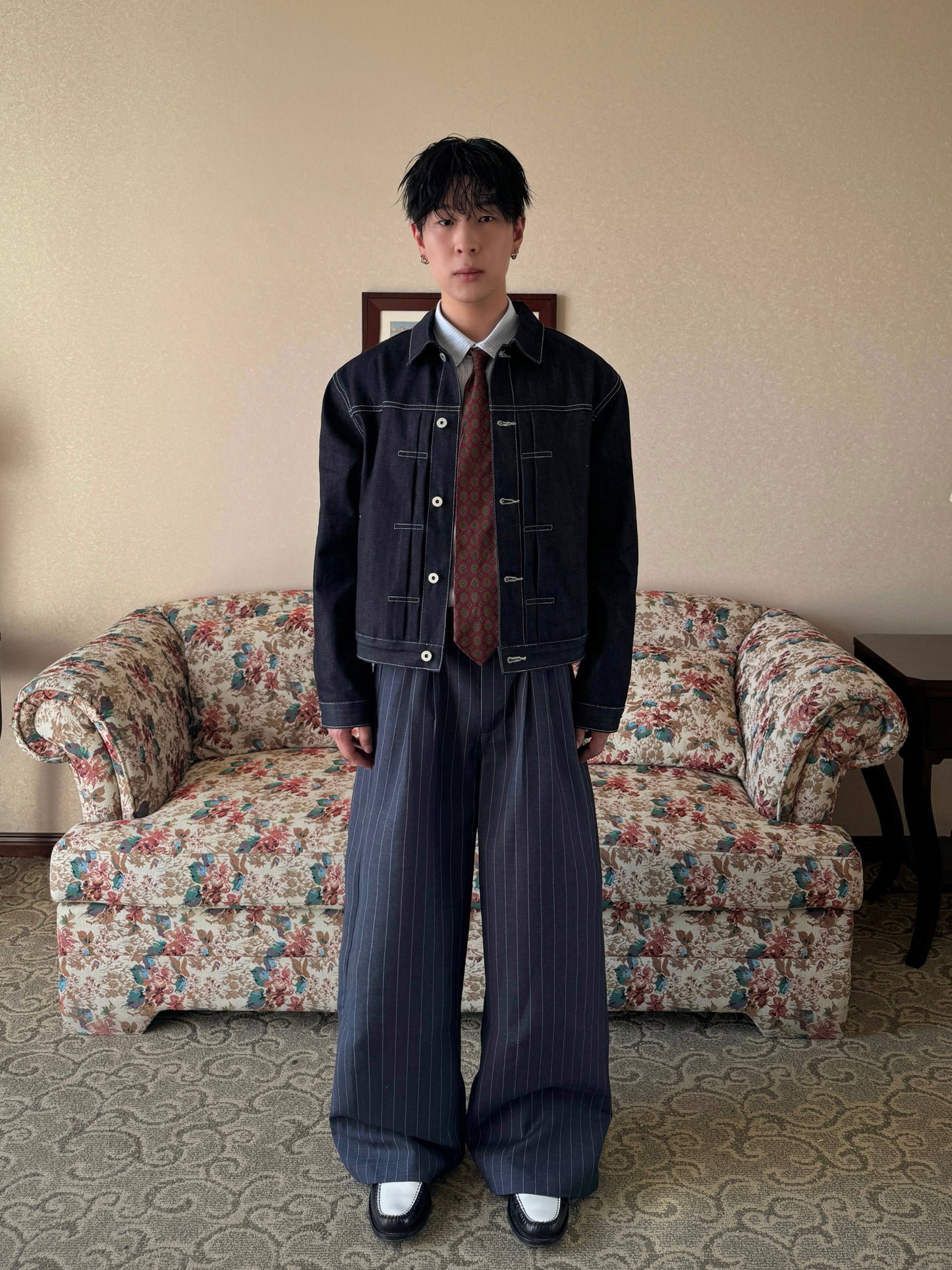 InsGale 25SS 彎刀廓形打褶立體闊腿垂墜感寬條紋西褲