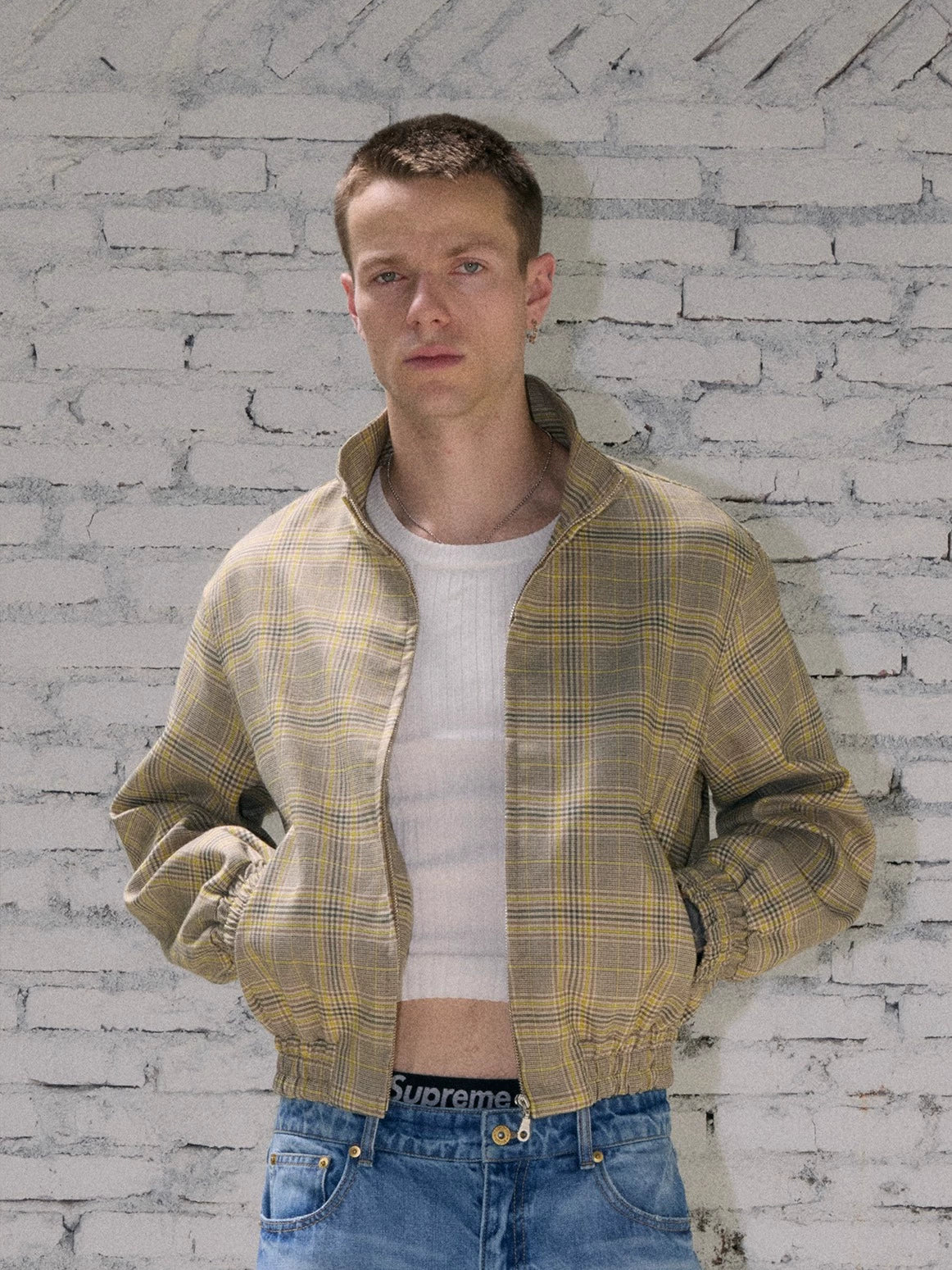 InsGale 25AW 亮黃色千鳥格短款拉鍊立領夾克