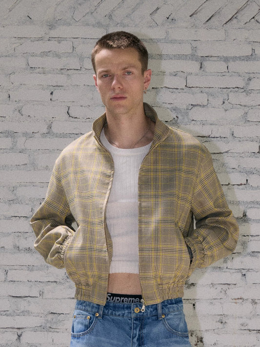 InsGale 25AW 亮黃色千鳥格短款拉鍊立領夾克