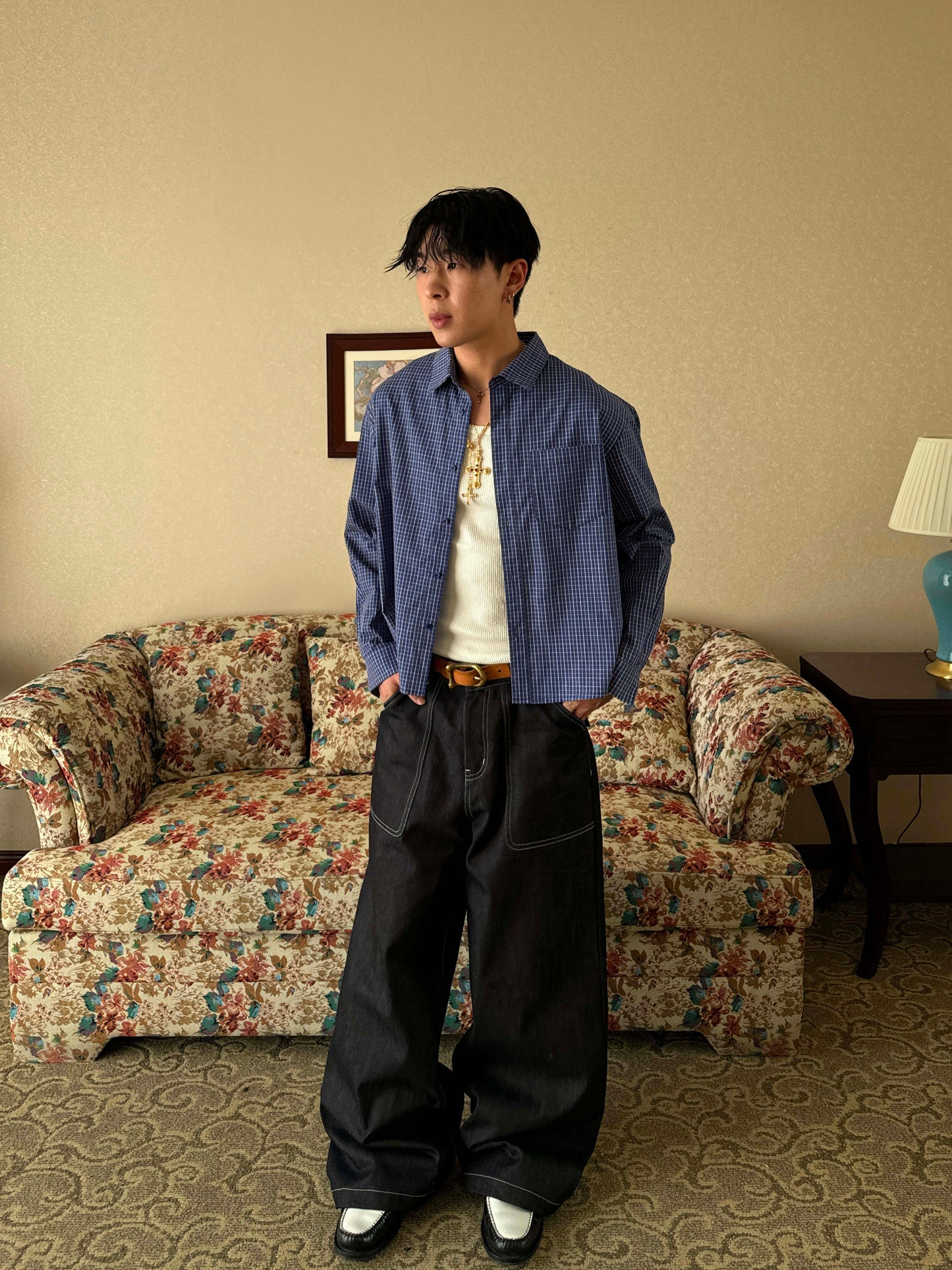 InsGale 25SS Blue and Yellow Relaxed Casual Loose-fitting Plaid Short-length Boxy Long-sleeved Shirt