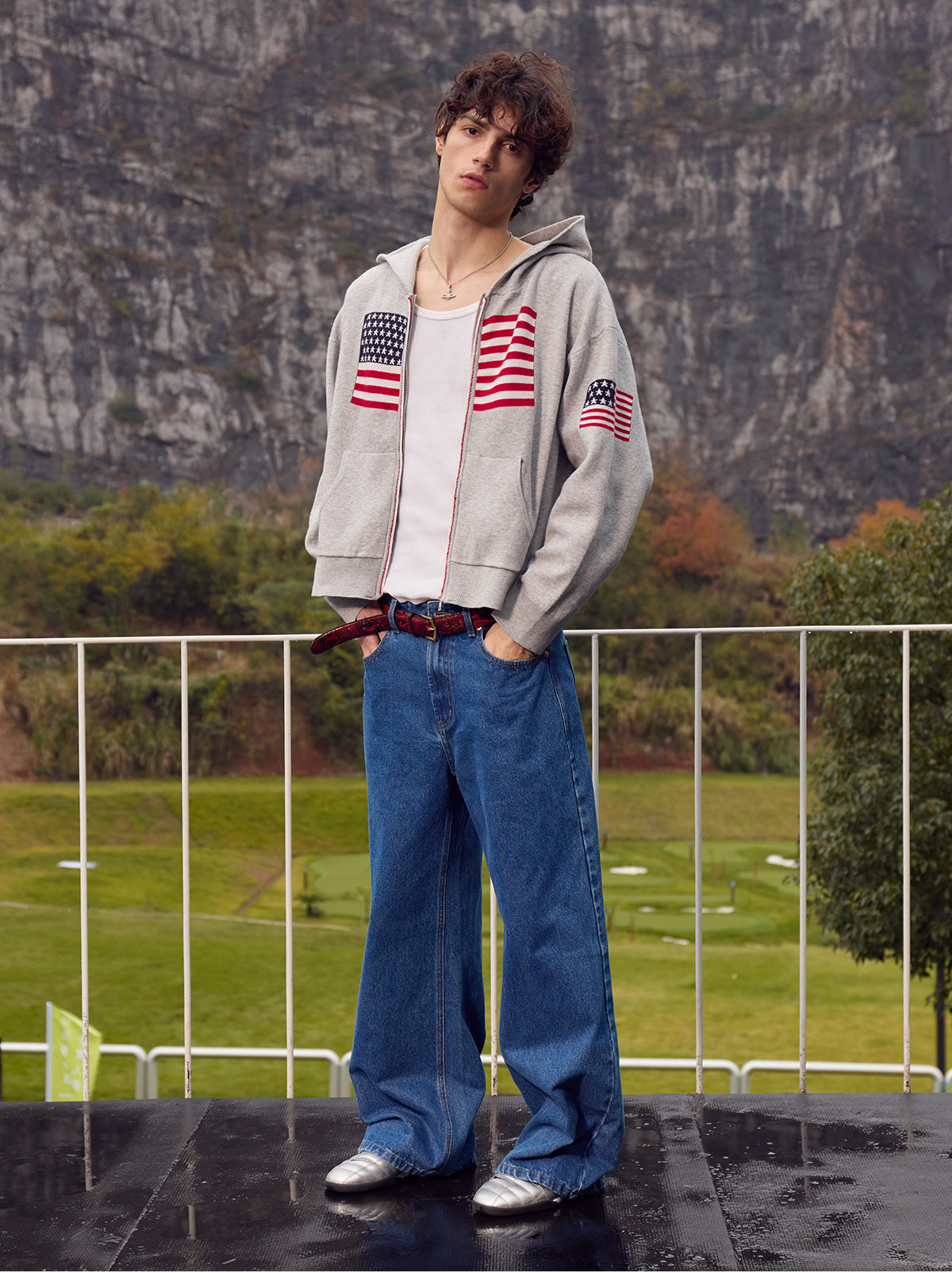 InsGale 25AW 水洗深藍色復古原牛小狗刺繡直筒牛仔褲