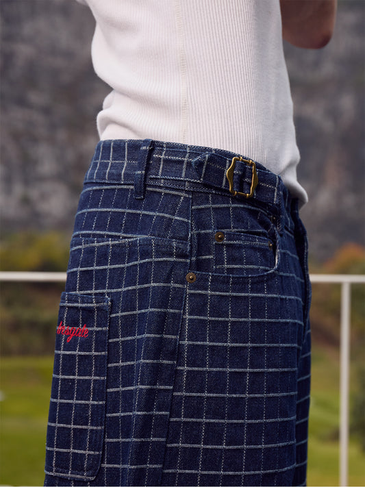 InsGale 25AW 格紋復古刺繡直筒牛仔褲