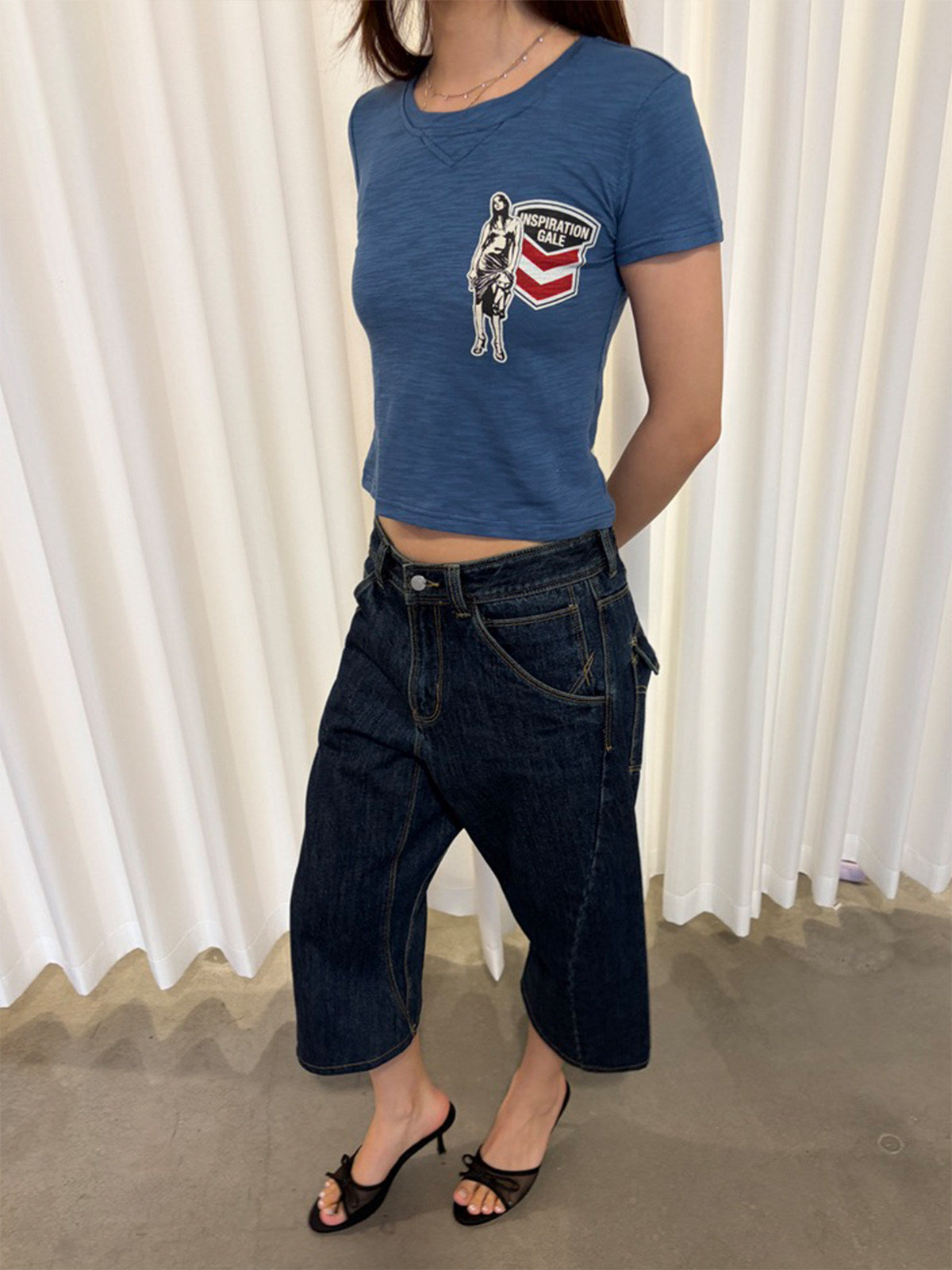 InsGale 26SS 復古藍竹節棉徽章修身短T
