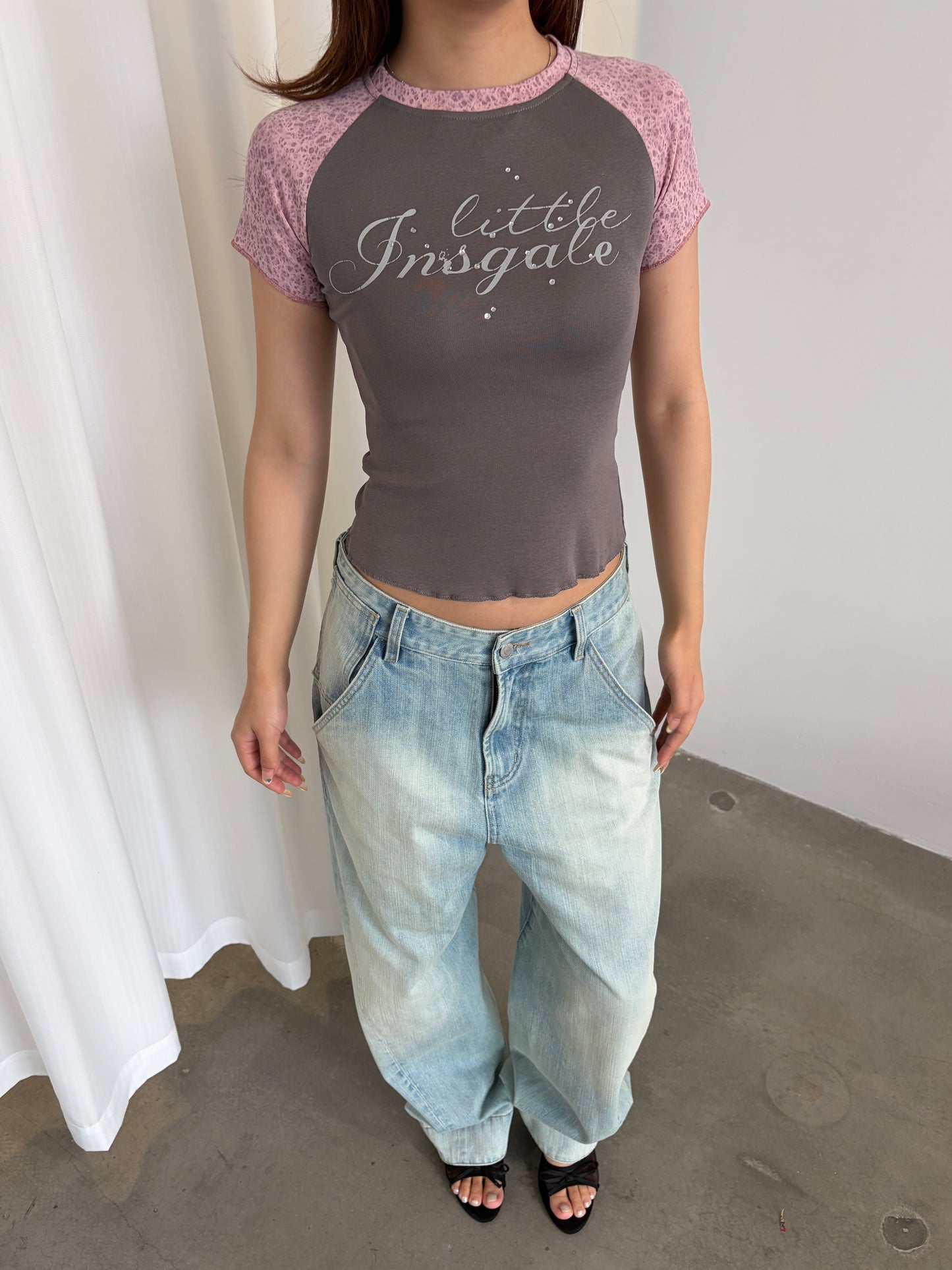 InsGale 26SS 粉色豹紋緊身燙鑽短T