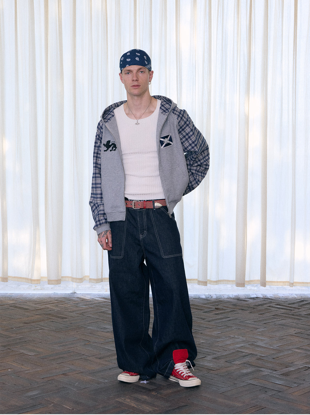 InsGale 25AW 撞色格紋華夫格刺繡連帽外套