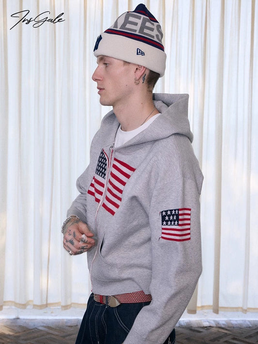 InsGale 25AW 美國國旗刺繡針織連帽外套