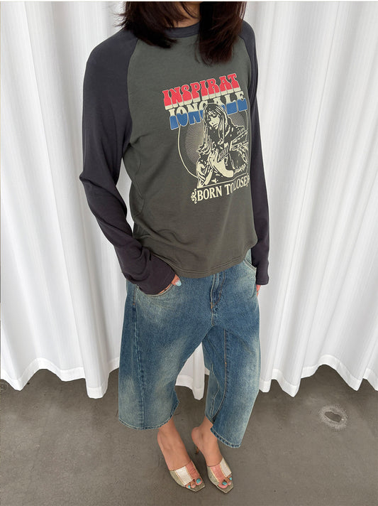 InsGale 26AW 撞色吉他印花插肩袖長T