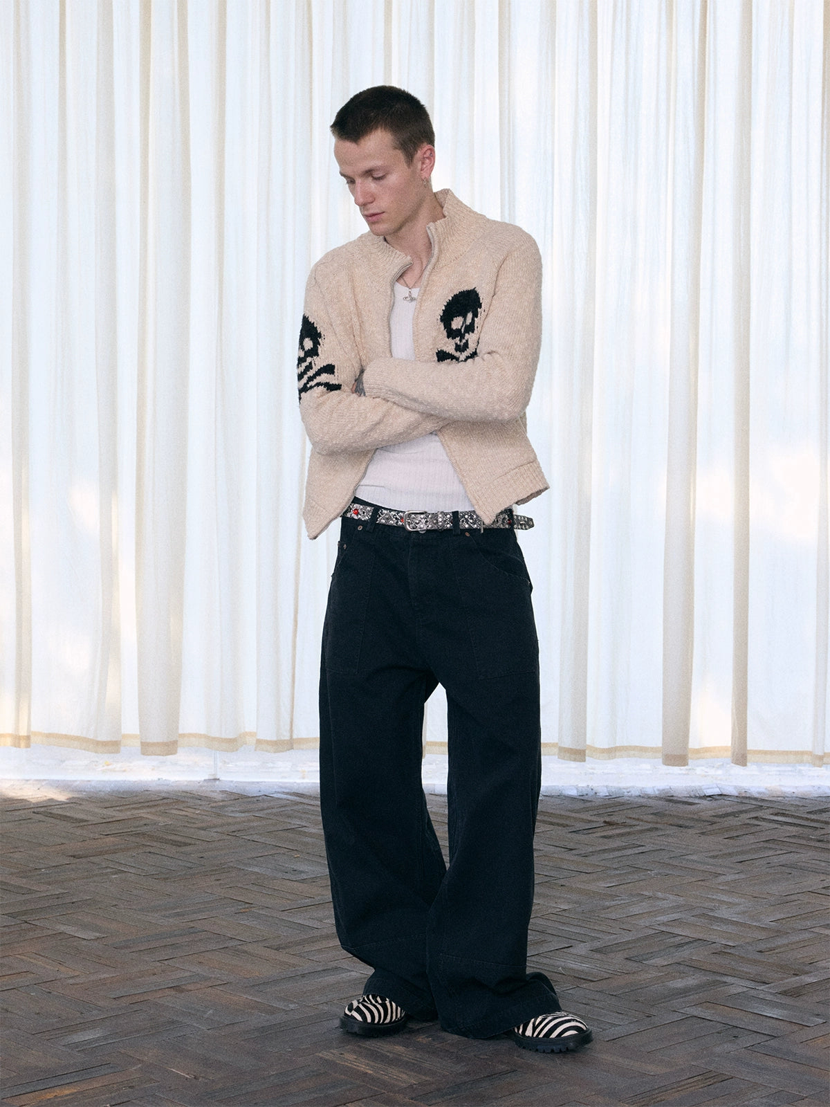 InsGale 25AW 骷髏粗針織羊毛拉鏈毛衣