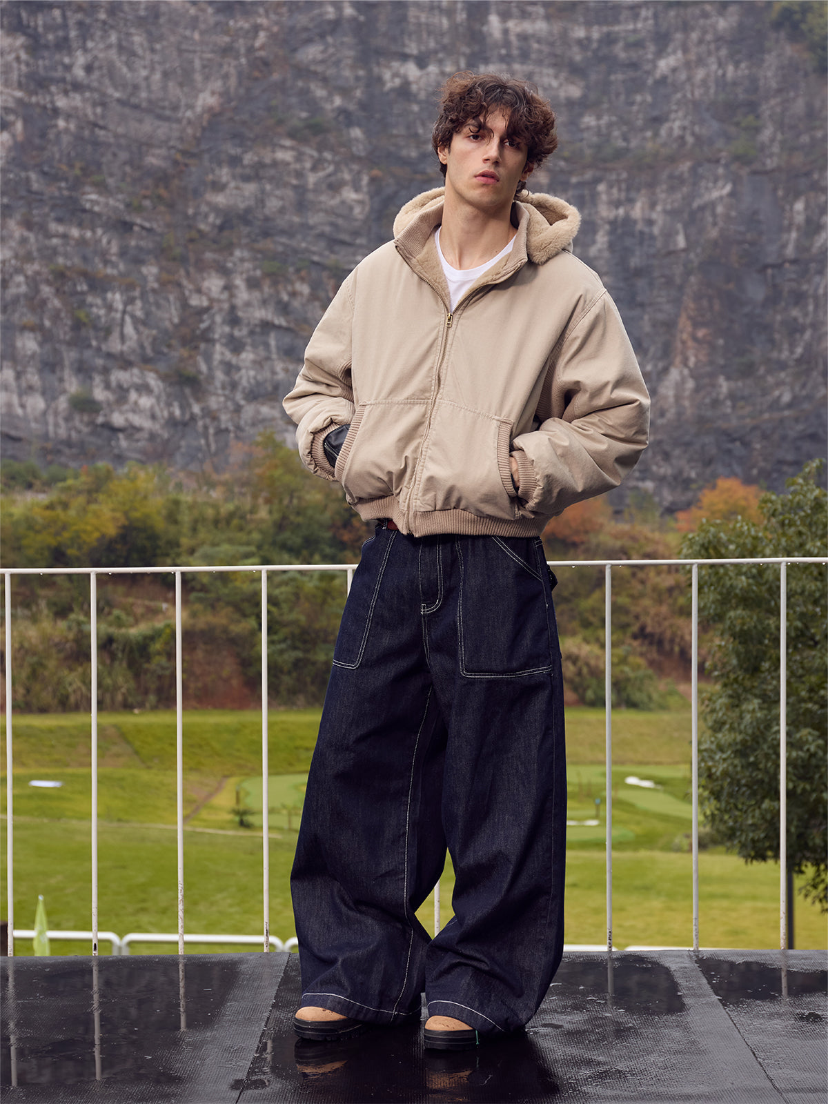 InsGale 25AW 杏色連帽水貂毛座山貂加絨加厚棉服外套