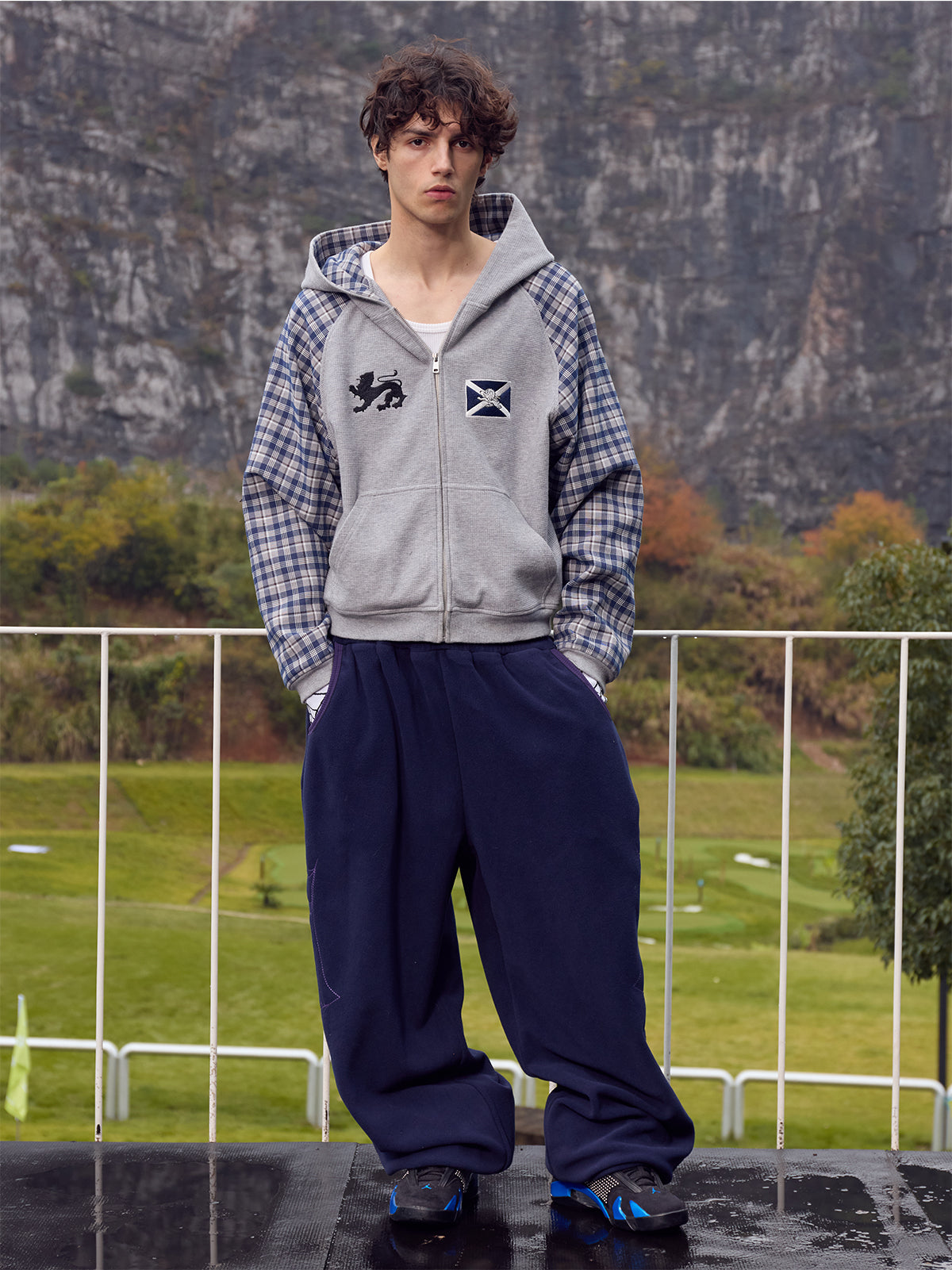 InsGale 25AW 撞色格紋華夫格刺繡連帽外套