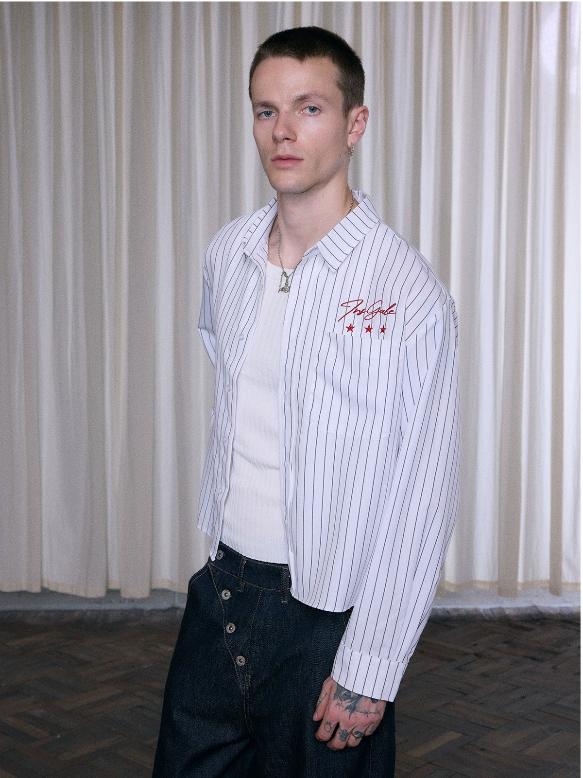 InsGale 25AW 黑白條紋刺繡翻領襯衫