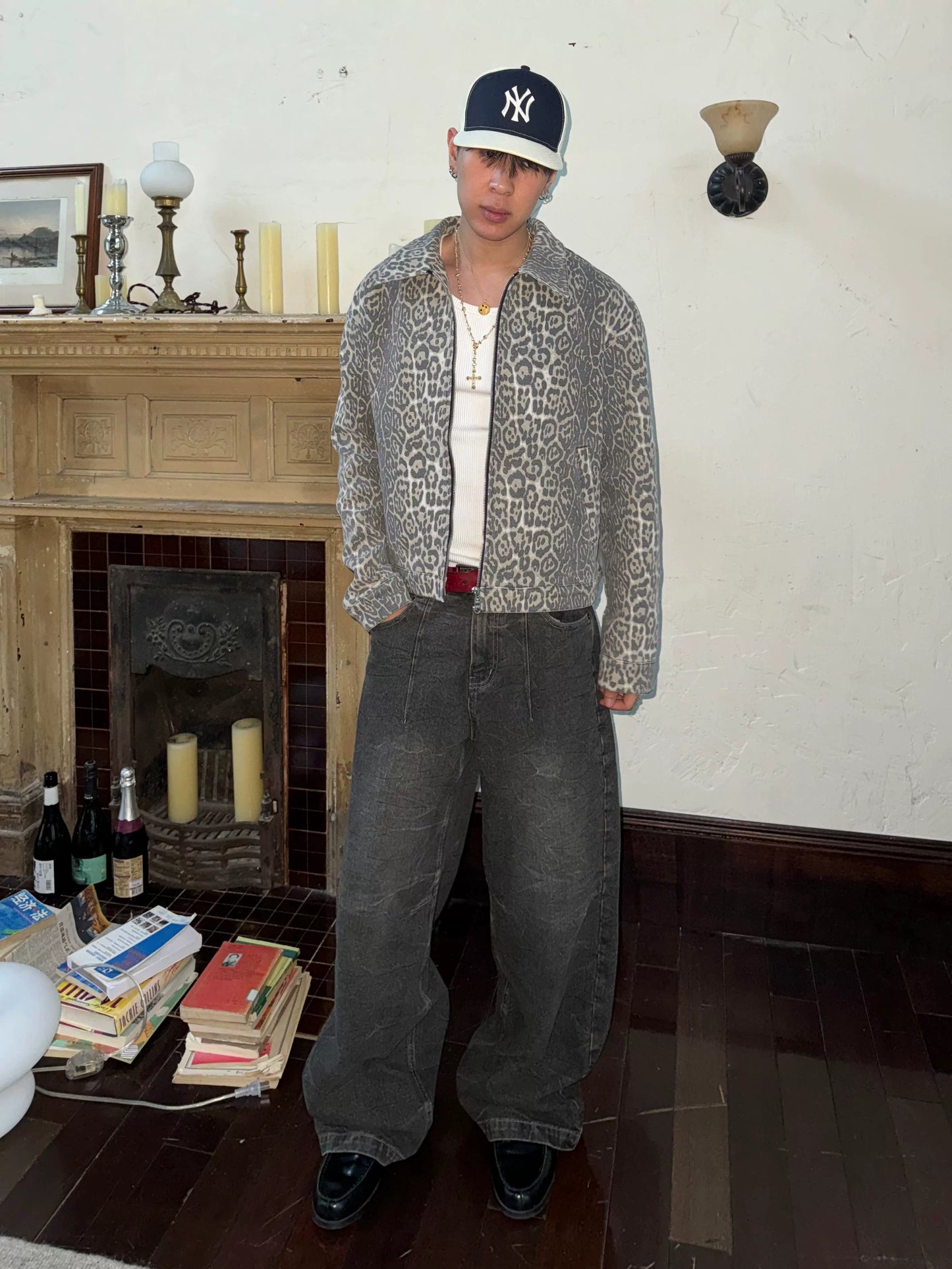 InsGale水波紋黑色水洗闊腿Baggy牛仔褲