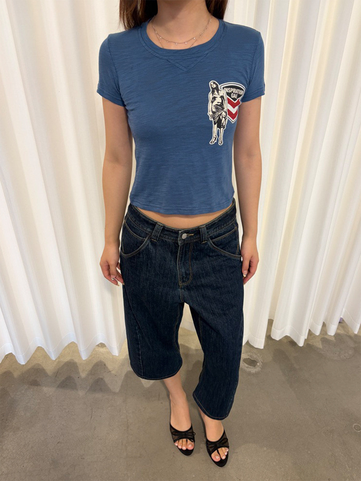 InsGale 26SS 復古藍竹節棉徽章修身短T