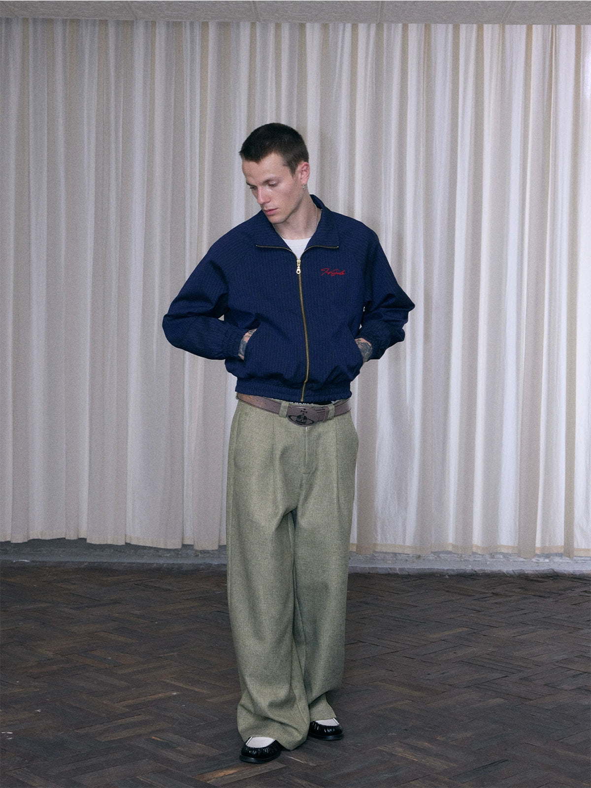 InsGale 25 AW 藏青條紋刺繡立領拉鍊短款夾克