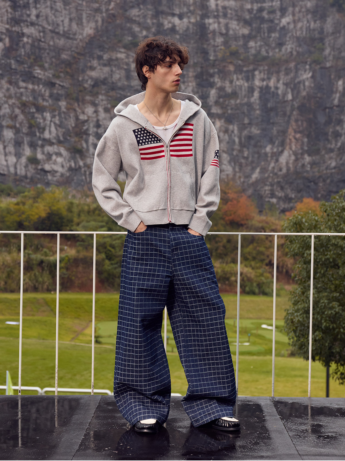 InsGale 25AW 格紋復古刺繡直筒牛仔褲