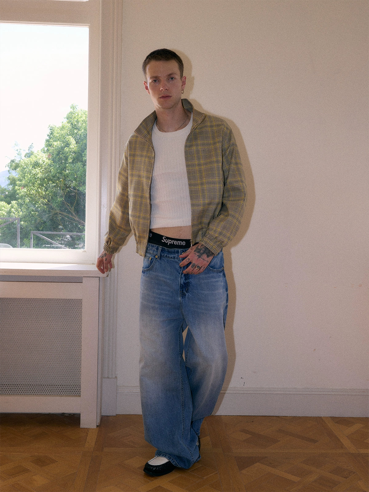 InsGale 25AW 亮黃色千鳥格短款拉鍊立領夾克