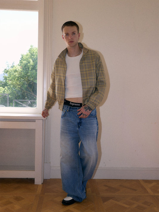 InsGale 25AW 亮黃色千鳥格短款拉鍊立領夾克