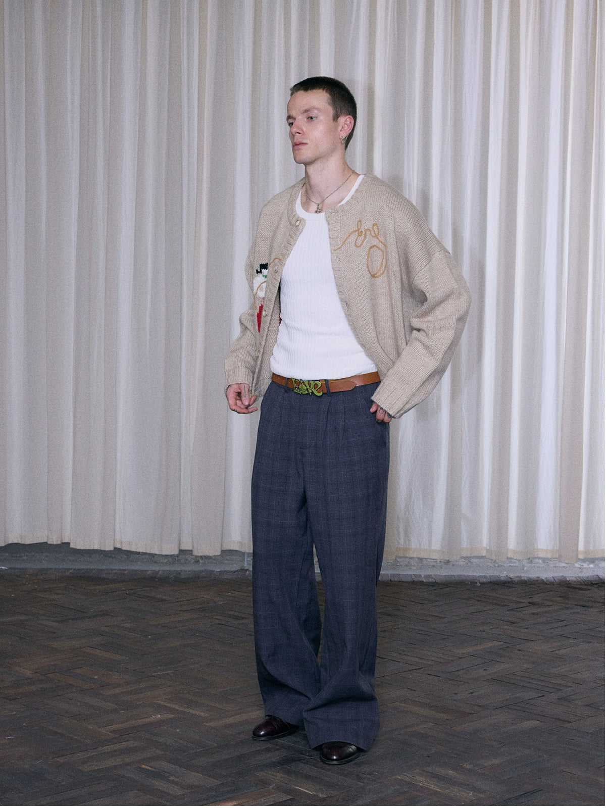 InsGale 25AW 千鳥格格紋打褶Ａ字微喇長褲