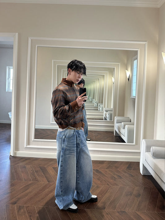 InsGale 25SS Bright Blue/Ice Blue 3D Washed BAGGY Jeans 
