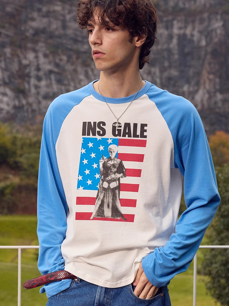 InsGale 25AW 藍白美國國旗人物插肩長Ｔ