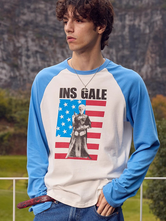 InsGale 25AW 藍白美國國旗人物插肩長Ｔ